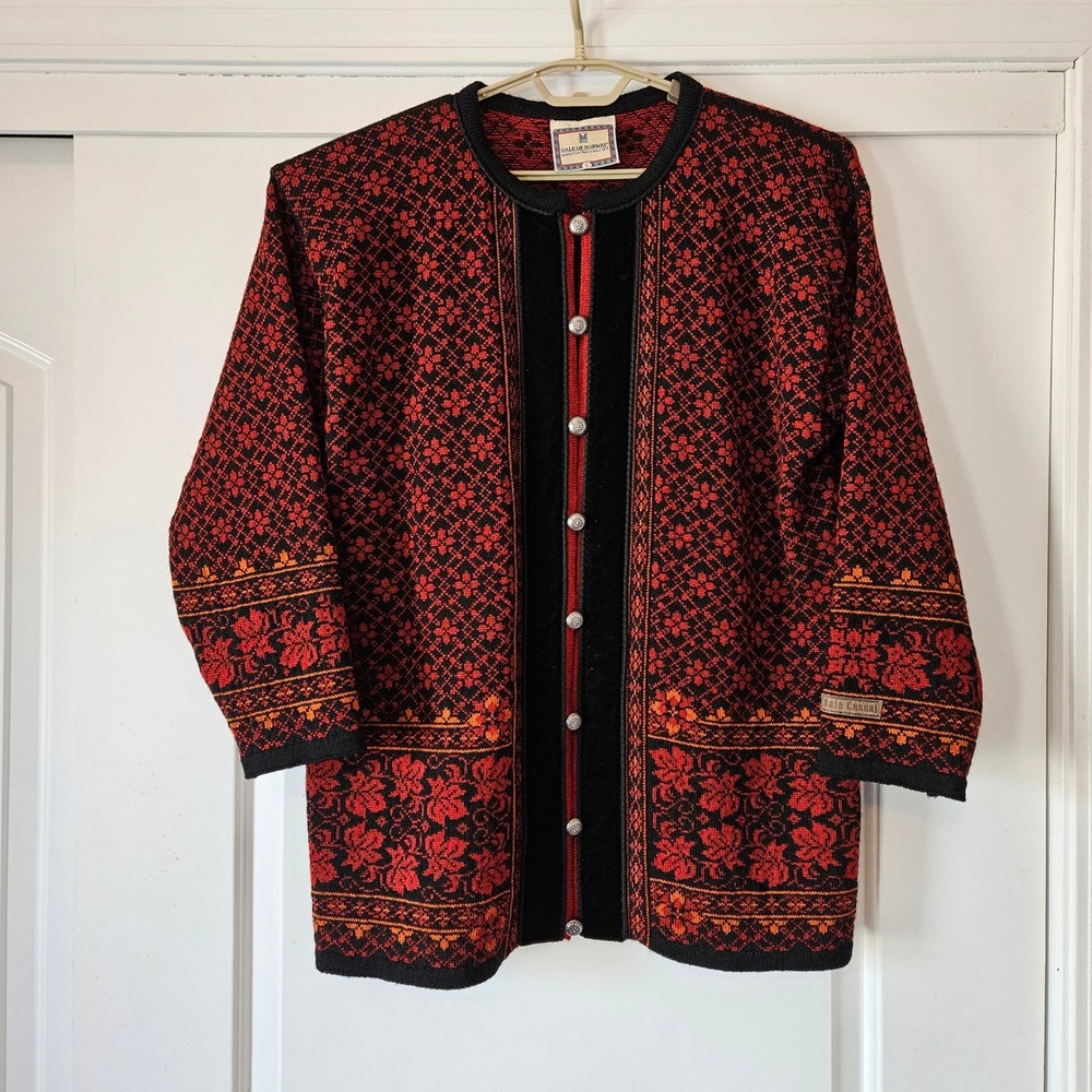 Dale of Norway Cardigan Sweater Womens‎ Large Red Black Nordic Fair Isle Ski